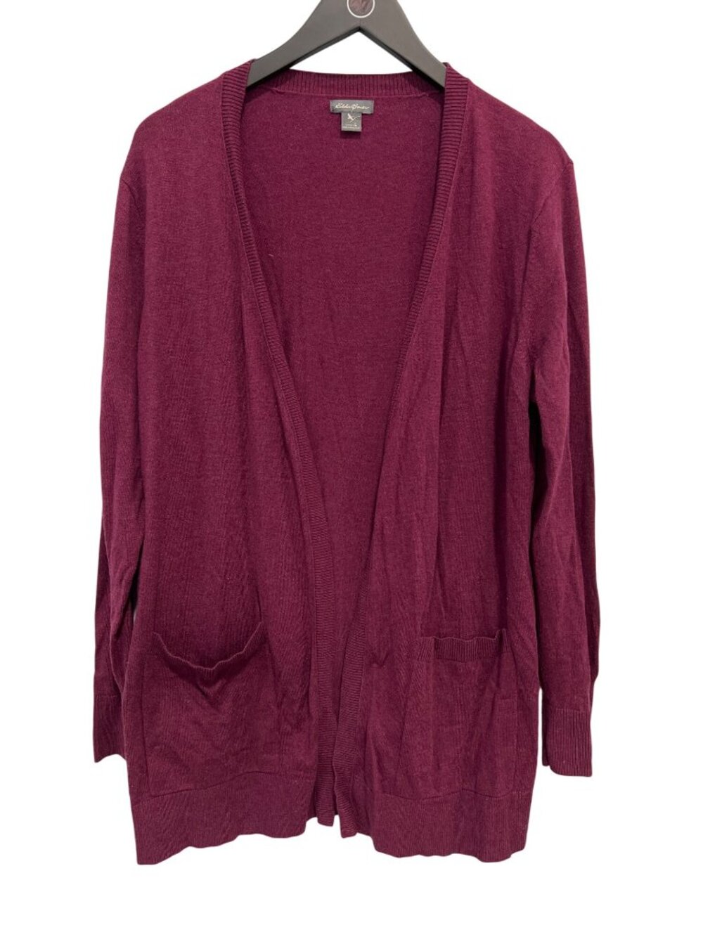 Eddie Bauer Cardigan Sweater Large Open Front Long Sleeve Maroon Plum Cozy Knit